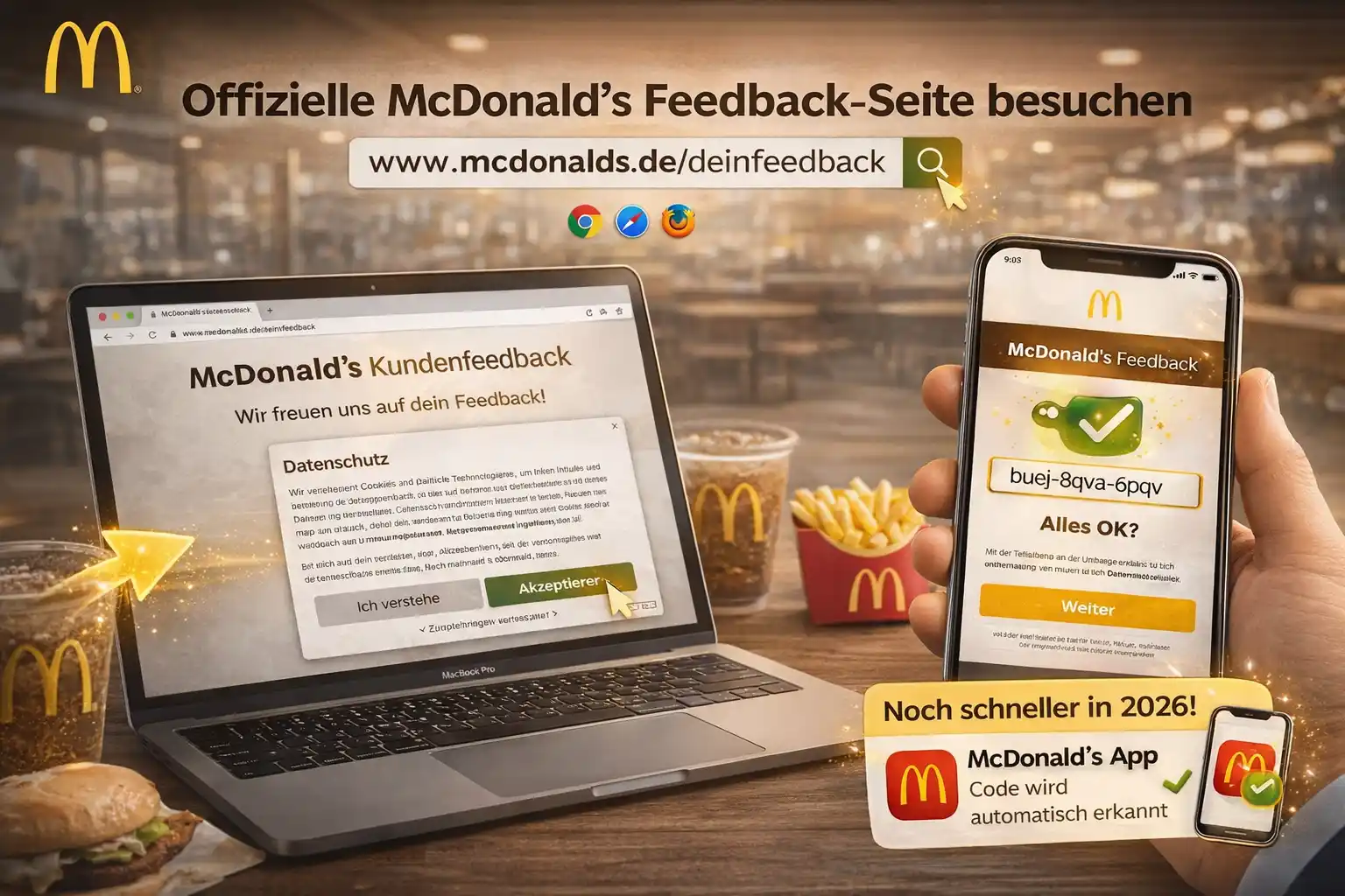 McDonalds Feedback 2026 – Gratis Kaffee & Cola sichern 3 Schritt 3: www.mcdonalds.de/deinfeedback im Browser öffnen - mcdonald's feedback