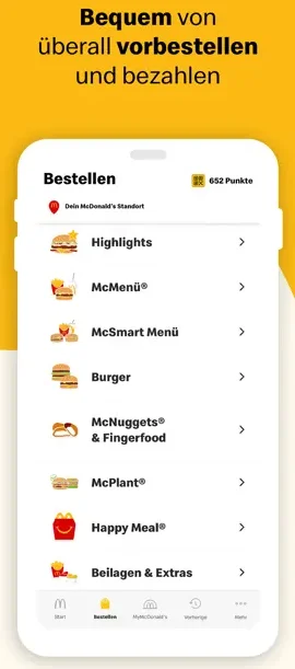 Mobil bestellen in der MyMcDonald's App mit Menü-Übersicht und Treuepunkten