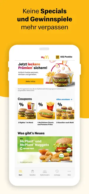 MyMcDonald's App Startbildschirm mit Coupons, Prämien und aktuellen Angeboten
