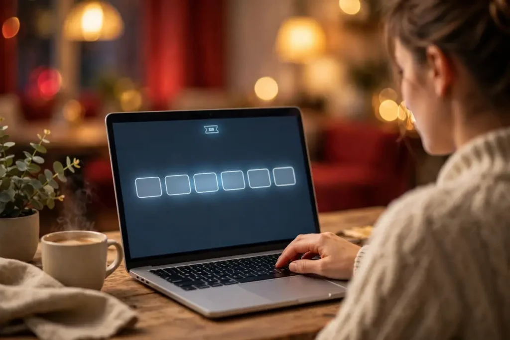 Person gibt einen Voucher-Code am Laptop ein