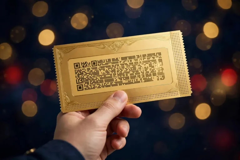 Hand hält ein goldenes Voucher-Ticket mit Codefeld