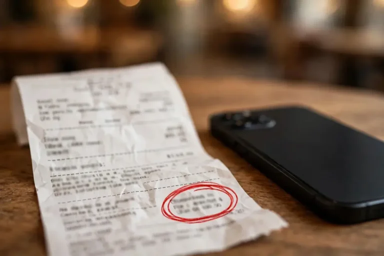 Kassenbon mit rot markiertem Umfragecode neben einem Smartphone