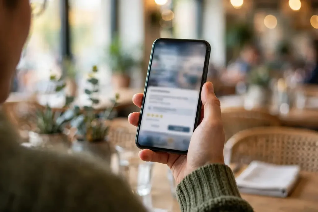 McDonald's Umfrage Code funktioniert nicht: 7 Lösungen (2026) 2 Hand hält ein Smartphone mit Feedback-Formular im Restaurant