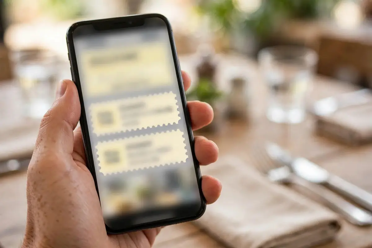 Hand hält ein Smartphone mit Gutschein-Coupon
