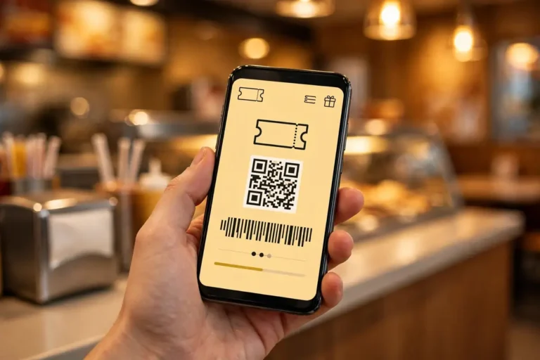 Hand hält Smartphone mit Gutschein-Code an der Fast-Food-Kasse