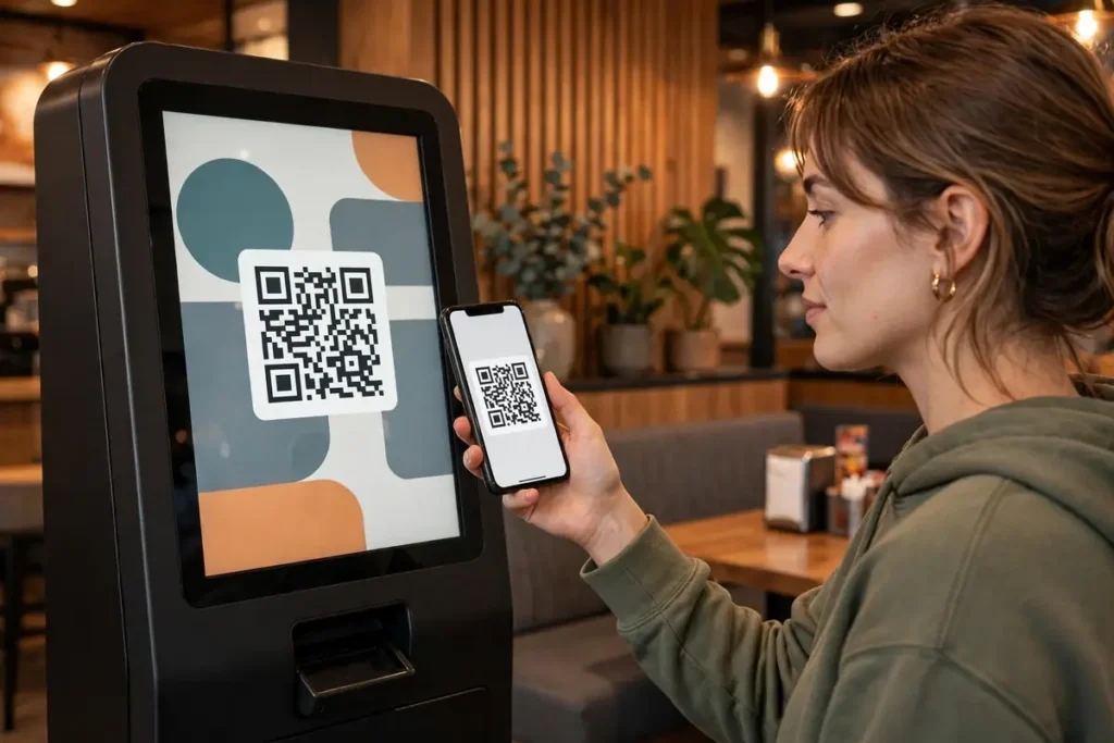 McDonald's Gutschein einlösen: Kasse, App & Terminal 2 Frau scannt Smartphone-Code am Bestellterminal im Restaurant